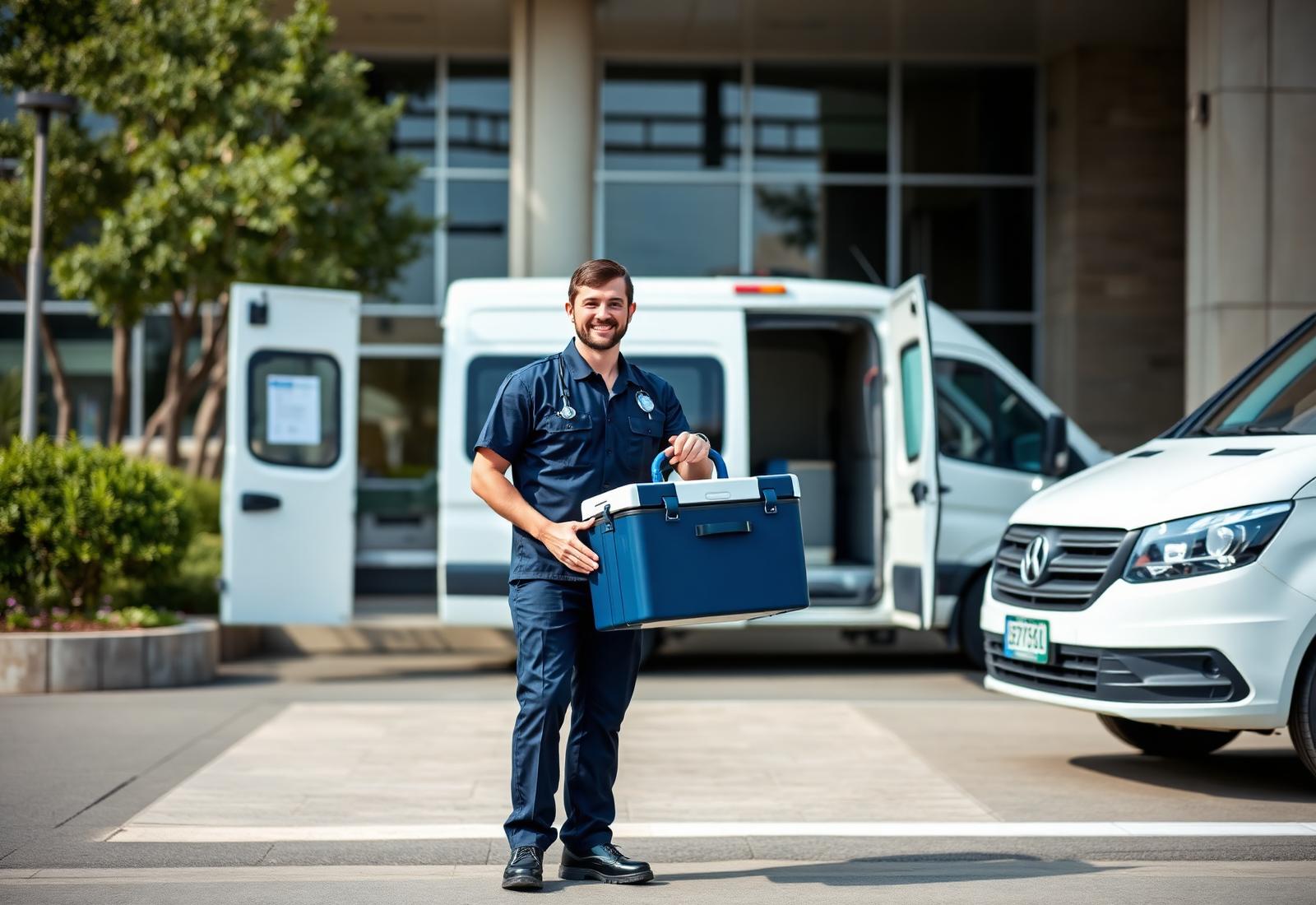 Professional medical courier delivering a secure transport cooler at a hospital